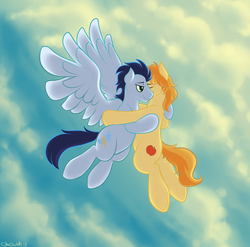 Size: 1280x1263 | Tagged: safe, artist:chocoscotch, artist:kure, braeburn, soarin', g4, flying, gay, hug, male, ship:soarburn, shipping