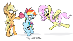 Size: 1191x670 | Tagged: safe, artist:scrimpeh, applejack, fluttershy, rainbow dash, earth pony, pegasus, pony, g4, bow, female, mare, simple background, transparent background, trio, trio female