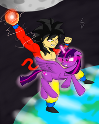 Size: 1450x1800 | Tagged: safe, artist:rinsankajugin, twilight sparkle, alicorn, pony, g4, crossover, dragon ball, dragon ball gt, goku vs twilight sparkle, male, son goku, super saiyan 4, twilight sparkle (alicorn)