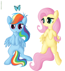 Size: 4553x5028 | Tagged: safe, artist:illuminatiums, fluttershy, rainbow dash, butterfly, pegasus, pony, g4, :o, absurd resolution, duo, simple background, transparent background