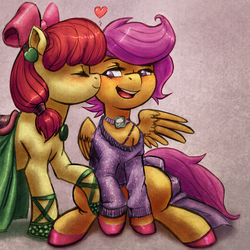 Size: 900x900 | Tagged: safe, artist:chromaskunk, artist:kevinsano, apple bloom, scootaloo, earth pony, pegasus, pony, g4, blushing, bow, cheek kiss, clothes, cute, dress, duo, eyes closed, female, hair bow, heart, kissing, lesbian, open mouth, ship:scootabloom, shipping