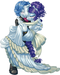 Size: 1175x1483 | Tagged: safe, artist:kittehkatbar, fancypants, rarity, anthro, unguligrade anthro, g4, bridal carry, carrying, clothes, dress, female, hooves, male, ship:raripants, shipping, simple background, straight, transparent background