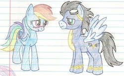 Size: 900x554 | Tagged: safe, artist:hitokage195, rainbow dash, soarin', g4, female, male, ship:soarindash, shipping, straight, traditional art