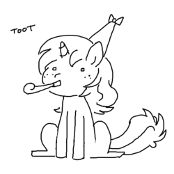 Size: 552x553 | Tagged: safe, artist:redintravenous, oc, oc only, oc:red ribbon, pony, unicorn, birthday, female, hat, mare, party hat, party horn, sketch