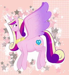 Size: 1280x1378 | Tagged: safe, artist:redintravenous, princess cadance, alicorn, pony, g4, chubby, female, flying, looking back, mare, smiling, solo, spread wings