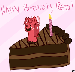 Size: 700x675 | Tagged: safe, artist:elslowmo, oc, oc only, oc:red ribbon, birthday, bow, cake, eating