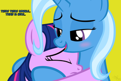 Size: 1050x700 | Tagged: safe, artist:navitaserussirus, trixie, twilight sparkle, asktwixiegenies, g4, comforting, female, lesbian, ship:twixie, shipping