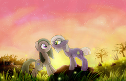 Size: 1024x654 | Tagged: safe, artist:namiwami, limestone pie, marble pie, earth pony, pony, g4, duo, duo female, female, pie sisters, siblings, sisters, sunset, windmill