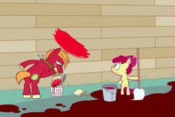 Size: 960x640 | Tagged: safe, artist:hotdiggedydemon, apple bloom, big macintosh, earth pony, pony, .mov, swag.mov, g4, bipedal, blood, butt, female, filly, foal, male, mop, plot, pony.mov, stallion