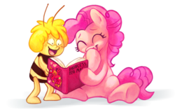 Size: 867x556 | Tagged: dead source, safe, artist:feyrah, pinkie pie, alicorn, bee, earth pony, pony, anthro, g4, andrea libman, anthro with ponies, book, crossover, duo, female, implied big macintosh, mare, maya the bee, princess big mac, reading, sitting, voice actor joke