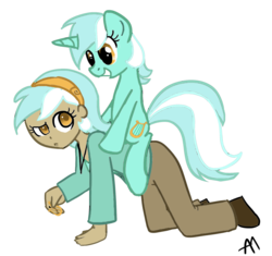 Size: 1568x1474 | Tagged: safe, artist:bananimationofficial, lyra heartstrings, human, pony, unicorn, g4, female, horn, human ponidox, humanized, mare, ponies riding humans, riding, self paradox, self ponidox, self riding, simple background, transparent background