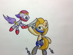 Size: 1280x961 | Tagged: safe, artist:adurot, oc, oc only, earth pony, pony, ask-pony-kirby, bipedal, butt, female, mare, plot, sword, swordfight, throwing knife, traditional art, weapon