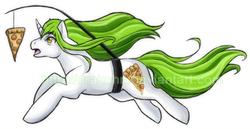 Size: 500x258 | Tagged: dead source, safe, artist:drakohn, pony, unicorn, c.c., carrot on a stick, chase, code geass, cute, eyes on the prize, food, meat, open mouth, pepperoni, pepperoni pizza, pizza, ponified, running, solo