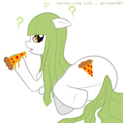 Size: 800x800 | Tagged: safe, artist:tastes-like-ciel, pony, anatomically incorrect, butt, c.c., code geass, food, incorrect leg anatomy, meat, pepperoni, pepperoni pizza, pizza, plot, ponified, solo