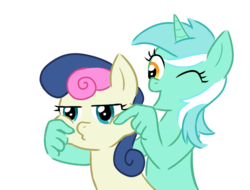 Size: 946x720 | Tagged: safe, artist:cheryl-jum, bon bon, lyra heartstrings, sweetie drops, earth pony, pony, unicorn, g4, bon bon is not amused, cheek pinch, duo, female, hand, lesbian, mare, ship:lyrabon, shipping, simple background, suddenly hands, transparent background, vector