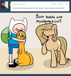 Size: 650x700 | Tagged: safe, artist:slavedemorto, oc, oc:backy, earth pony, human, pony, adventure time, blushing, butt, crossover, female, finn the human, jake the dog, male, mare
