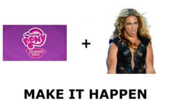 Size: 969x600 | Tagged: safe, human, g4, beyonce, crossover, exploitable meme, female, irl, irl human, make it happen, meme, meta, my little pony logo, parody, photo, simple background, text, transparent background, unflattering beyonce