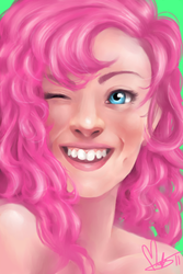 Size: 400x600 | Tagged: safe, artist:foervraengd, pinkie pie, human, g4, bust, female, humanized, portrait, simple background, solo, uncanny valley