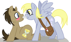 Size: 938x552 | Tagged: safe, artist:kitty-kitty-koneko, derpy hooves, doctor whooves, time turner, pegasus, pony, g4, blushing, female, letter, mail, mailbag, mare, ship:doctorderpy, shipping