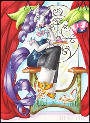 Size: 590x800 | Tagged: safe, artist:onnaevilsmith, rarity, fish, anthro, g4, cake, eating, solo