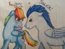 Size: 960x720 | Tagged: safe, artist:aroselovell, rainbow dash, soarin', g4, female, male, ship:soarindash, shipping, straight, traditional art