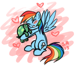 Size: 519x457 | Tagged: safe, artist:serenamidori, rainbow dash, tank, g4, blushing, cute, dashabetes, duo, eyes closed, heart, hug, smiling