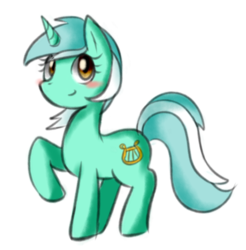 Size: 1027x1045 | Tagged: safe, artist:maren, lyra heartstrings, pony, g4, blushing, female, raised hoof, simple background, smiling, solo, transparent background