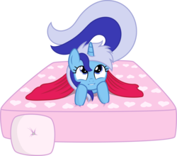 Size: 9629x8468 | Tagged: safe, artist:agamnentzar, artist:ojhat, artist:tryhardbrony, minuette, pony, g4, absurd resolution, bed, blanket, cute, female, lip bite, looking up, mattress, messy mane, pillow, prone, simple background, smiling, solo, transparent background, vector