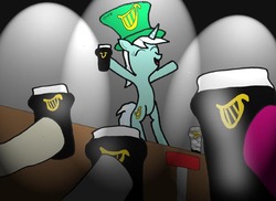 Size: 600x436 | Tagged: safe, artist:trurotaketwo, lyra heartstrings, pony, g4, alcohol, bipedal, guinness, hat