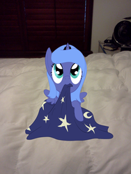 Size: 1536x2048 | Tagged: safe, artist:luisbonilla, princess luna, pony, g4, bed, blanket, female, filly, irl, photo, ponies in real life, solo, vector, woona