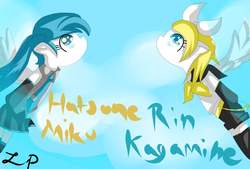 Size: 3661x2480 | Tagged: safe, artist:shizuka111, hatsune miku, kagamine rin, ponified, vocaloid