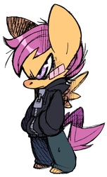 Size: 394x650 | Tagged: safe, artist:grindzone, scootaloo, pegasus, anthro, g4, angry, bandage, cel shading, clothes, colored sketch, female, hand in pocket, hatching (technique), hoodie, pants, pegasus wings, shading, simple background, solo, spread wings, white background, wings, zipper