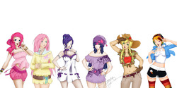 Size: 5000x2500 | Tagged: safe, artist:luanya, applejack, fluttershy, pinkie pie, rainbow dash, rarity, twilight sparkle, human, g4, belly button, clothes, dress, front knot midriff, german dash, humanized, mane six, midriff