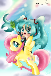 Size: 1000x1500 | Tagged: safe, artist:suesanne, fluttershy, g4, chibi, crossover, hatsune miku, vocaloid