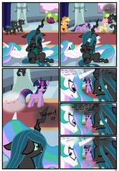 Size: 1741x2500 | Tagged: safe, artist:pyruvate, princess celestia, queen chrysalis, twilight sparkle, alicorn, changeling, earth pony, pony, unicorn, comic:consumed love, g4, comic, consumed love, female, mare