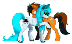 Size: 1299x786 | Tagged: safe, artist:rapiditycharge, oc, oc only, oc:cloudsmasher, earth pony, pony, robot, blushing