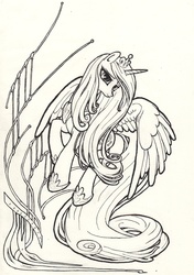 Size: 861x1222 | Tagged: safe, artist:mcstalins, princess cadance, alicorn, pony, g4, art deco, female, jewelry, lineart, long tail, mare, monochrome, regalia, solo, traditional art