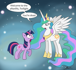 Size: 977x900 | Tagged: safe, artist:caycowa, princess celestia, twilight sparkle, alicorn, pony, unicorn, g4, magical mystery cure, afterlife, ascension realm, dead, duo, ethereal mane, female, mare, princess celestia's special princess making dimension, q, star trek, star trek: the next generation, unicorn twilight, void, welcome to the afterlife