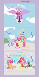 Size: 2989x5940 | Tagged: safe, artist:frangiponii, apple bloom, scootaloo, sweetie belle, twilight sparkle, alicorn, pony, g4, comic, cutie mark crusaders, female, mare, scootaloo can't fly, twilight sparkle (alicorn)