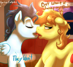 Size: 1358x1241 | Tagged: safe, artist:hoodoo, braeburn, soarin', g4, eyes closed, gay, kissing, male, ship:soarburn, shipping, text