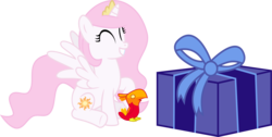 Size: 10002x5031 | Tagged: safe, artist:ulyssesgrant, philomena, princess celestia, alicorn, phoenix, pony, g4, absurd resolution, cewestia, chick, crown, cute, filly, grin, happy, jewelry, pink-mane celestia, present, simple background, smiling, transparent background, vector