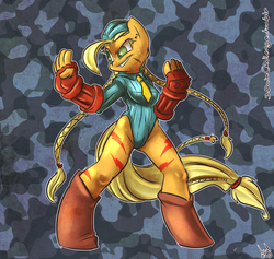 Size: 1500x1422 | Tagged: safe, artist:atryl, applejack, earth pony, anthro, unguligrade anthro, g4, cammy white, crossover, street fighter