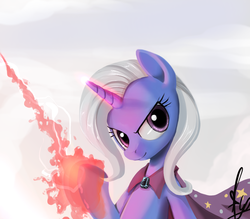 Size: 800x700 | Tagged: dead source, safe, artist:dexhaiken, trixie, pony, g4, cape, clothes, female, looking at you, magic, smiling, solo, trixie's cape