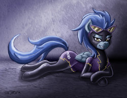 Size: 1320x1020 | Tagged: dead source, safe, artist:pluckyninja, nightshade, pegasus, pony, g4, clothes, costume, female, lying down, mare, sexy, shadowbolts, shadowbolts costume, solo, stupid sexy nightshade, suit