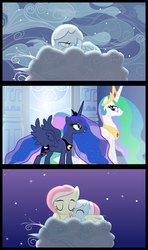 Size: 1920x3240 | Tagged: safe, artist:zedrin, princess celestia, princess luna, oc, oc:primrose, oc:snowdrop, snowdrop (animation), g4, cloud, cloudy, female, mother and child, mother and daughter, screencap comic