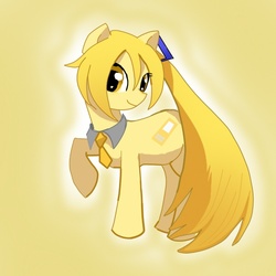 Size: 600x600 | Tagged: safe, artist:baster037, artist:canarycharm, edit, pony, akita neru, collar, fanloid, female, head tilt, looking at camera, mare, necktie, ponified, sidetail, simple background, smiling, vocaloid, yelllow eyes, yellow background