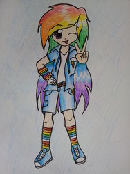 Size: 774x1032 | Tagged: dead source, safe, artist:chiraiki, rainbow dash, human, g4, female, humanized, solo, traditional art