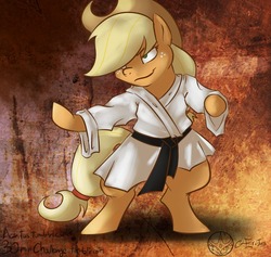 Size: 1000x948 | Tagged: safe, artist:aeritus, applejack, earth pony, pony, g4, 30 minute art challenge, bipedal, black belt, clothes, female, hat, martial arts, robe, smiling, smirk, solo