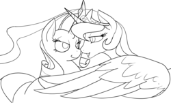 Size: 1186x714 | Tagged: safe, artist:reiduran, princess celestia, rarity, g4, bedroom eyes, boop, eye contact, female, lesbian, noseboop, open mouth, ship:rarilestia, shipping, smiling, spread wings