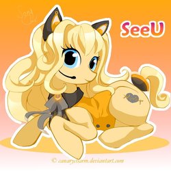 Size: 600x600 | Tagged: safe, artist:canarycharm, earth pony, pony, clothes, female, gradient background, mare, ponified, prone, seeu, solo, vocaloid